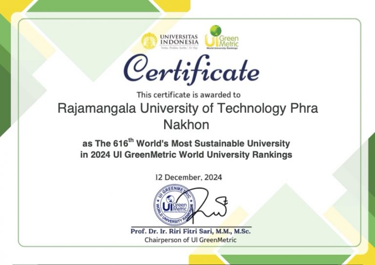 RMUTP Receives Certificate for Sustainability Management in UI GreenMetric 2024: Ranked 616th Globally and 36th Nationally